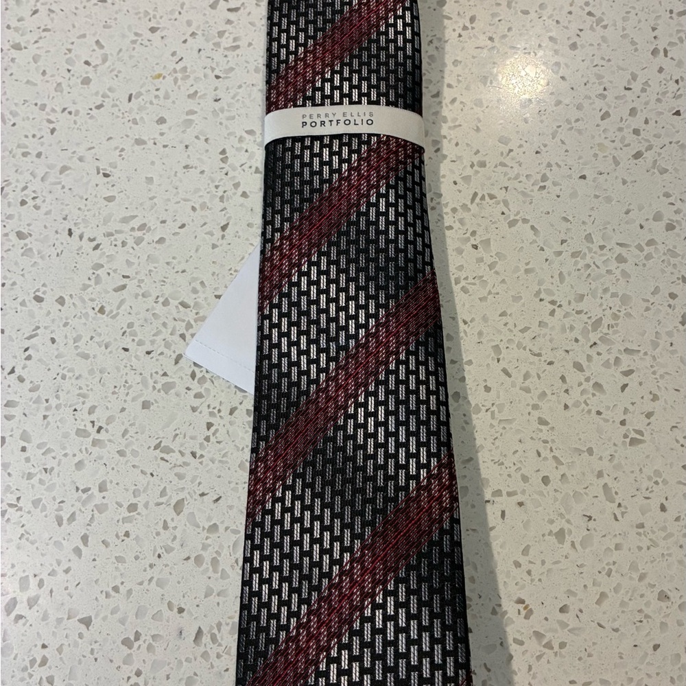 Perry Ellis Black and Burgundy Striped Tie